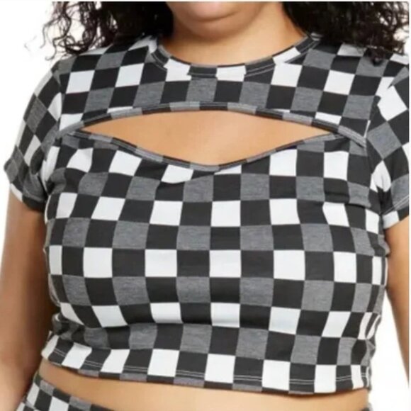 BP by Nordstrom Black White & Grey Gingham Checker Cutout Crop Top Shortsleeve S - Picture 16 of 16